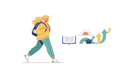 Obraz premium Female student walks confidently toward her academic goals alongside symbolic career and education progress icons.
