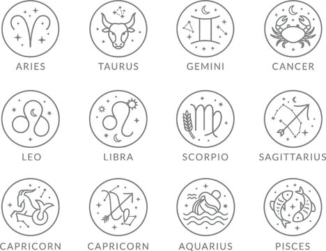 Zodiac signs line art collection. Twelve astrological symbols for horoscope design.