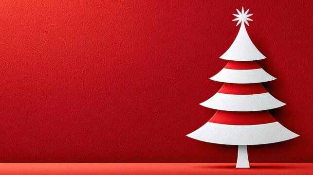 Minimalist white paper Christmas tree on deep crimson red textured backdrop with star topper