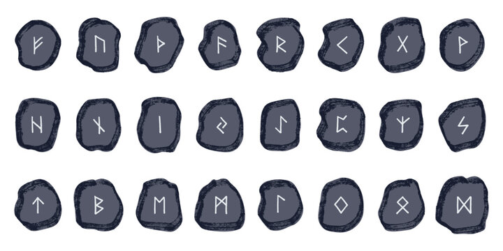 Set of hand drawn viking runes Rune stones with ancient norse alphabet characters engraved on them Scandinavian futhark germanic celtic Single element for design, print, web, decor