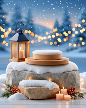 Snow covered stone pedestal with lantern and candles in twilight winter forest