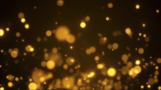 Soft glowing golden bokeh particles drift upward in slow motion, gently pulsing against deep black background with diffused backlighting and elegant cinematic atmosphere.