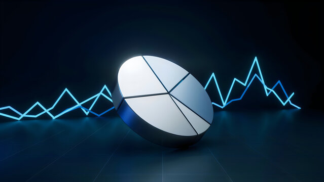 Futuristic metallic pie chart floating above digital grid surface with glowing blue line graphs
