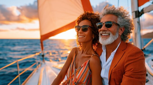 Elderly couple smiling on sailboat at sunset enjoying retirement