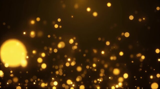 Soft glowing golden bokeh particles drift upward in slow motion, gently pulsing against deep black background with diffused backlighting and elegant cinematic atmosphere.