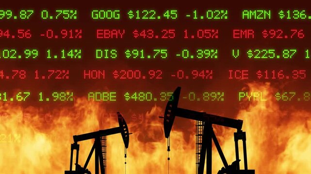 Oil derricks burning finance background - background loop