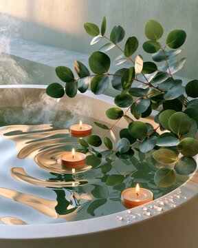 Hot bath surface with floating candles and eucalyptus sprigs viewed from above