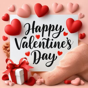 Valentines day background with 3D hearts floating over card and gift