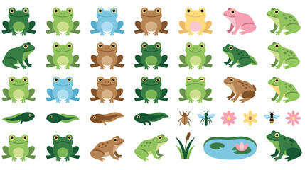 Obraz premium Collection of cartoon frogs tadpoles and insects in flat design.