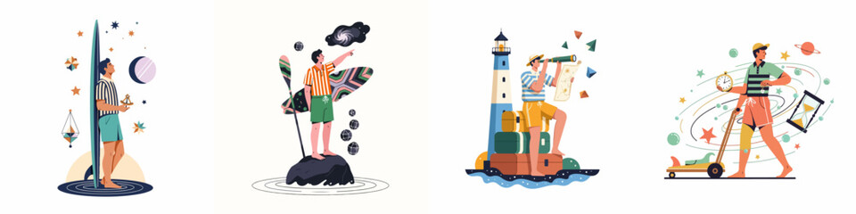 A series of four imaginative illustrations depicting adventurous men exploring nautical, cosmic, and travel themes with surfboards, lighthouses, and celestial elements. © Muqodimatul