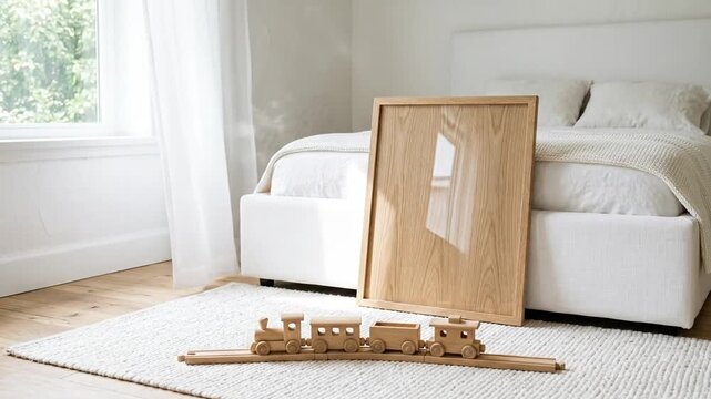 Minimalist children's bedroom with a blank wooden poster frame mockup leaning against a white bed, featuring a wooden toy train on the carpet in natural sunlight