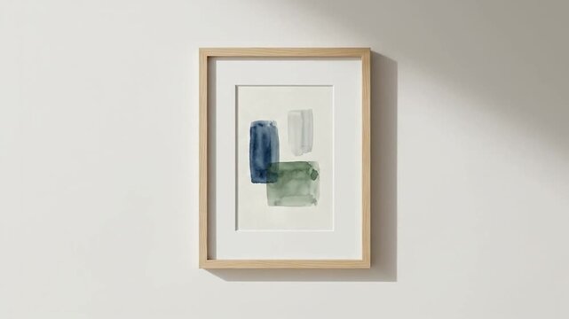 Minimalist framed abstract watercolor painting on a white wall with natural shadow.
