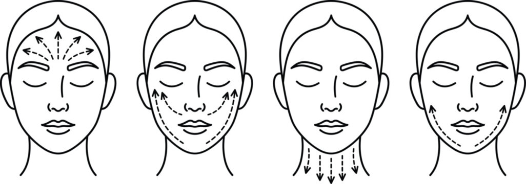 Facial massage lines icons set woman face skincare treatment anatomy direction arrows wrinkle lifting anti aging vector illustration