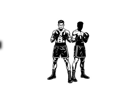 Black and White Boxing Fighters Vector Illustration Isolated on White Background