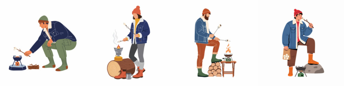 People roasting marshmallows on portable camping stoves, flat vector illustration set of characters enjoying outdoor activities and hiking snacks.
