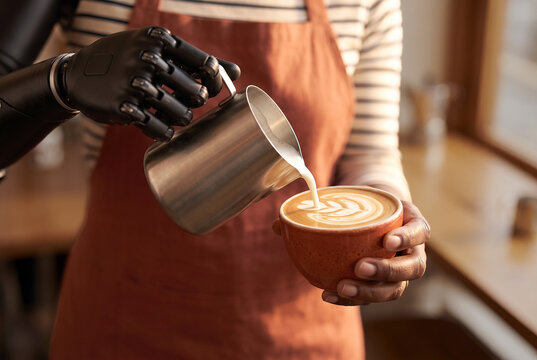Coffee blogger creates latte art in a cafe during the morning hours using a robotic hand and smartphone equipment Generative AI