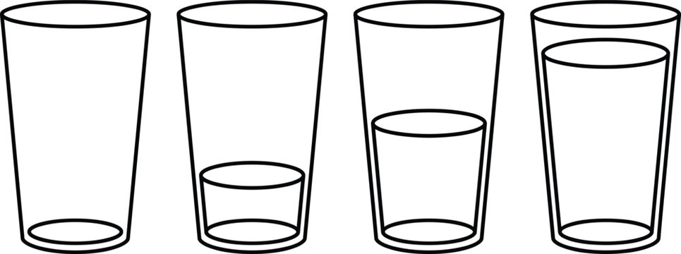 Glass of water volume levels icons set empty half full liquid measurement scale cup outline line vector