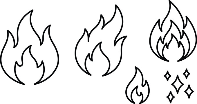 Hand drawn doodle fire flame elements set featuring black line art sparks for cute creative vector graphic design.
