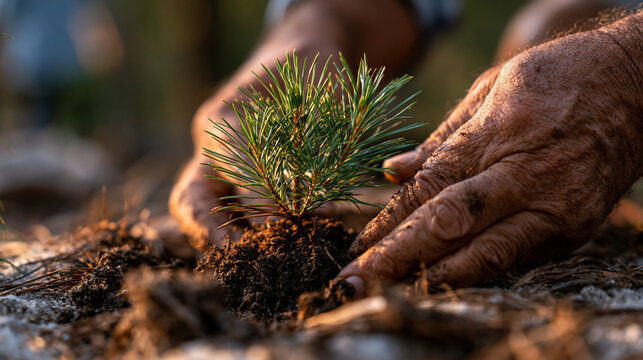 Close-up on hands planting a small pine sapling into the soil symbolizing young tree