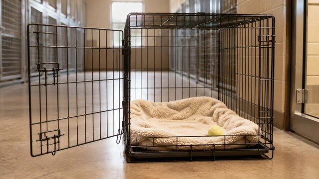 Empty metal dog crate with cozy bed in clean animal shelter room