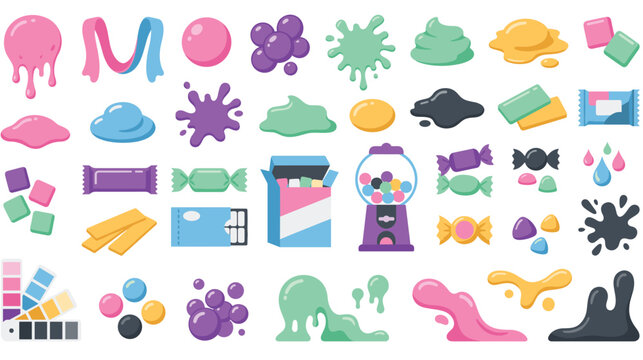 Bubble gum and candy sweets set with various textures and packaging.