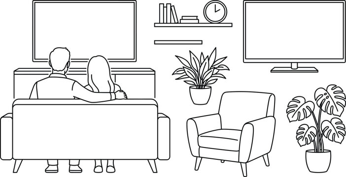 Living room interior vector elements couple watching television couch armchair potted plants bookshelf clock outline line art