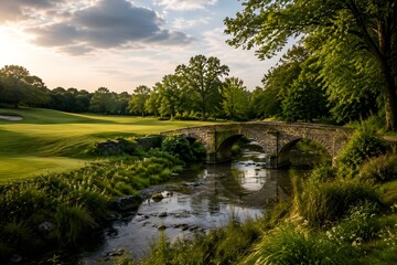 Fototapeta premium Golf Course Beside Historic Stone Bridge and Stream for Timeless Countryside Landscape Photography Scene View
