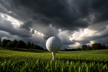 Fototapeta premium Golf Ball on Tee Beneath Storm Clouds with Bright Sunlit Foreground Sports Photography Scene Composition