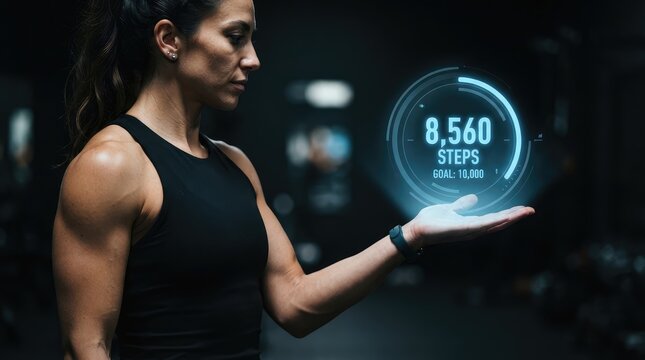 Focused woman reviewing fitness progress with digital step counter display with set against futuristic background determined individual athletic