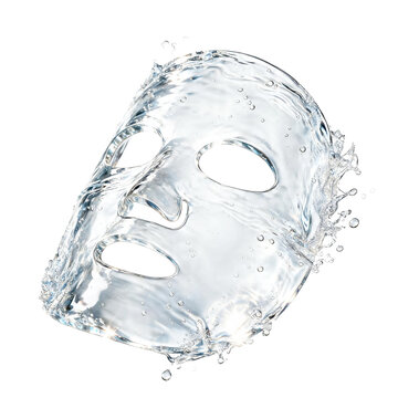 Facial sheet mask made of pure flowing water with dynamic water splashes and drops, isolated on black background