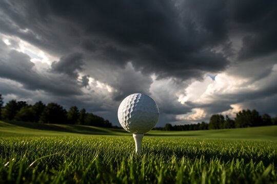 Golf Ball on Tee Beneath Storm Clouds with Bright Sunlit Foreground Sports Photography Scene Composition