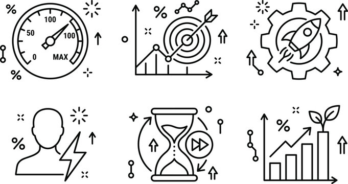 Performance productivity icons set speedometer target rocket gear energy hourglass graph finance growth outline line vector art