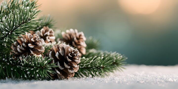 Festive winter background with pine cones and evergreen fir tree branches resting on snow with soft, warm bokeh lights. Ideal for holiday designs.