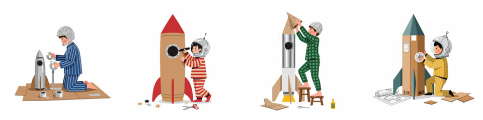 Four illustrations of a creative young boy in pajamas and an astronaut helmet building various cardboard toy rockets, showcasing childhood imagination and dreams.