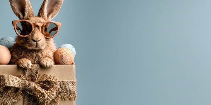 Cool Easter rabbit wearing stylish sunglasses peeking out of a decorated gift box surrounded by Easter eggs against a soft blue background. Perfect for holiday sales and cards.