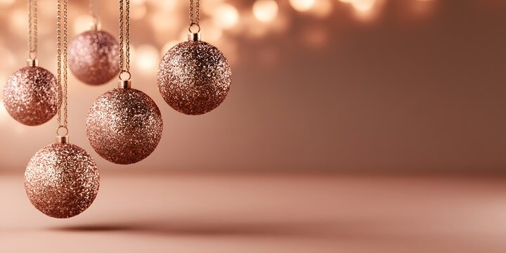 Elegant rose gold sparkling Christmas bauble ornaments hanging with warm bokeh lights background and copy space for holiday design.