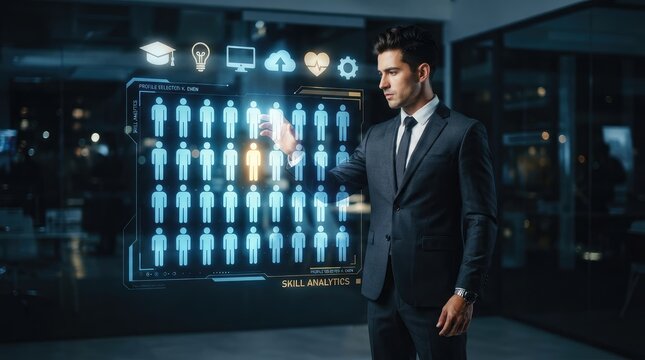 Professional analyzing digital skill analytics dashboard with interactive icons with examining futuristic digital digital interface with depicts focused individual
