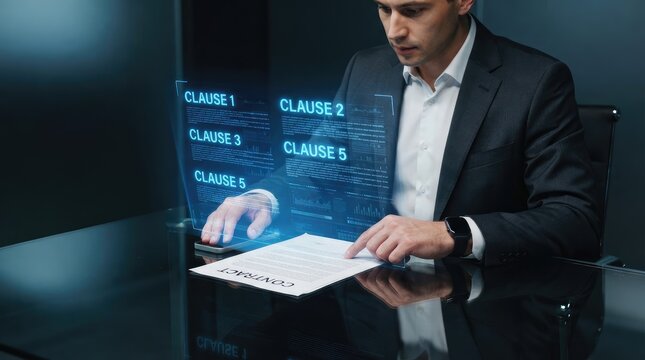 Professional reviewing digital contract clauses alongside physical document in modern office with focused professional examining highlighted clauses