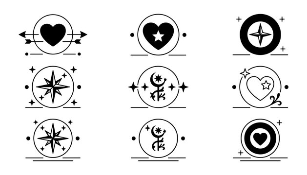 Hand-drawn black line art emblems and icons set. Minimalist vector symbols for branding, tattoos, and graphic design projects.