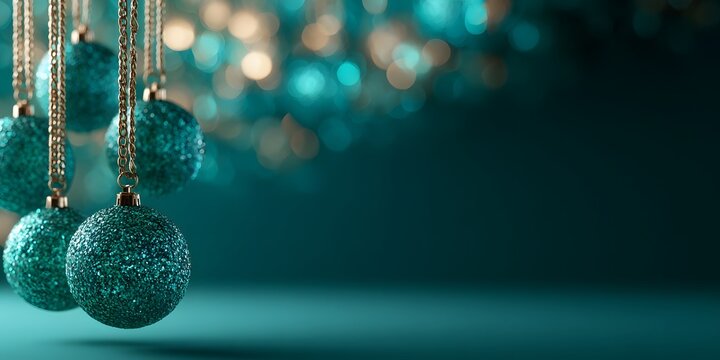 Elegant holiday background featuring glittering teal Christmas ornaments hanging with blurred bokeh lights and copy space for festive winter designs.