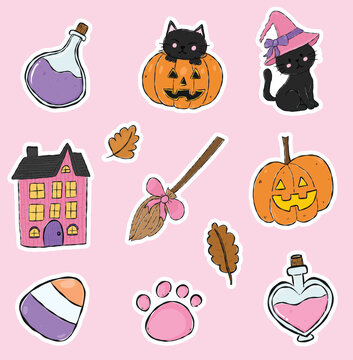 Cute black cat Halloween sticker sheet pack set with witch hat, pumpkin, potion bottle, broom, and haunted house for printable die cut planner stickers