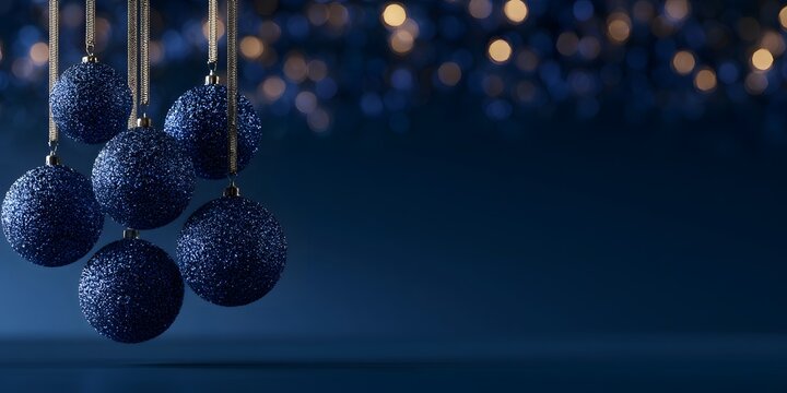 Dark blue glittery Christmas ornaments hanging against a soft golden bokeh light background with copy space for festive holiday banners and greetings.