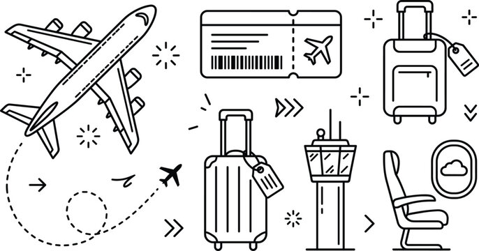Travel and aviation outline icon set with airplane flight ticket luggage suitcase airport control tower and passenger seat