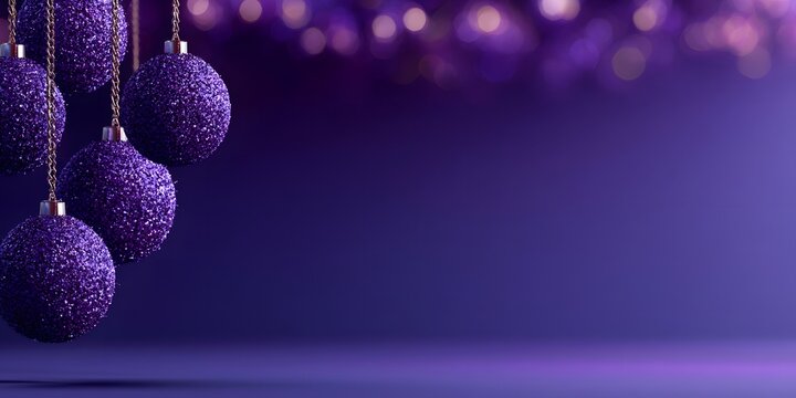 Luxury purple Christmas background featuring hanging glitter ornament baubles and sparkling golden bokeh lights with copy space for holiday design.