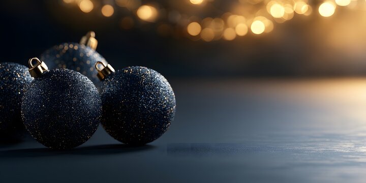 Elegant dark Christmas background featuring textured glitter baubles on a reflective surface with warm blurred fairy lights in the bokeh background. Perfect holiday copy space.