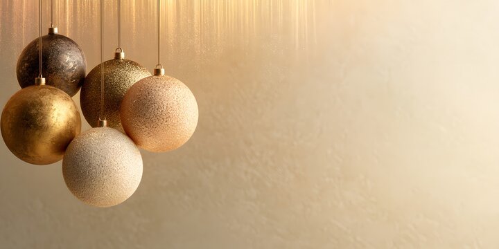Elegant Christmas background featuring glittery golden and beige baubles hanging with ample copy space for holiday greetings and designs.
