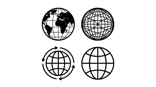 Four globe icons grid featuring minimalist world map symbols with flat design and clean lines and modern typography