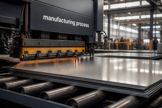 Industrial machinery processes metal sheets in a factory setting.