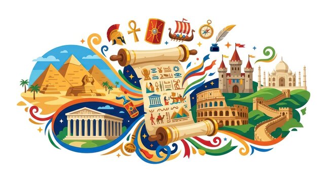 Ancient world landmarks illustrated on vibrant educational scroll. Colorful global history timeline with famous monuments for teaching and design.