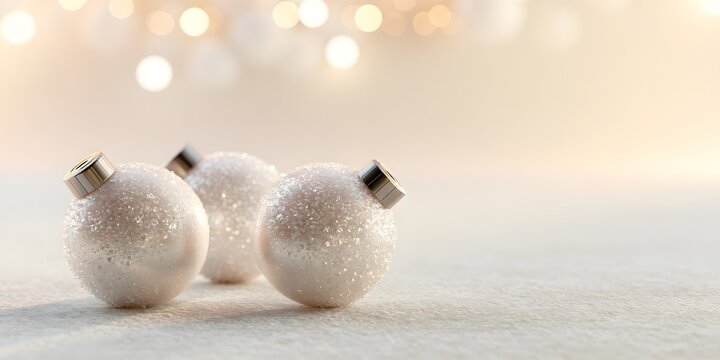 Elegant white glitter Christmas baubles resting on a soft surface with warm blurred bokeh lights, perfect for festive holiday background and design.